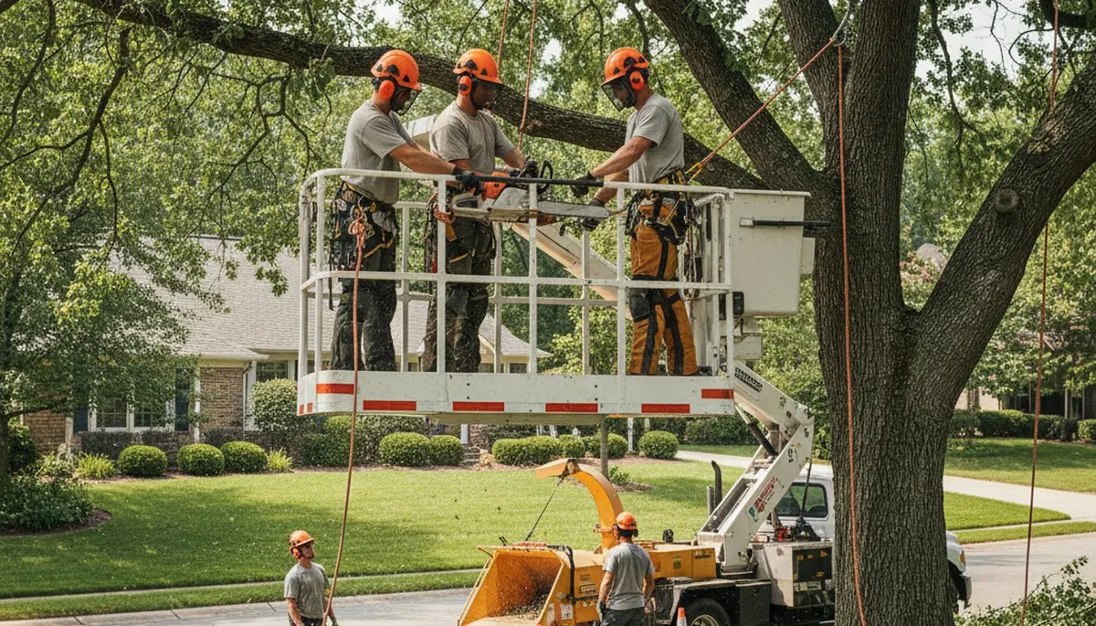 Tree removal crew in Easton, PA cutting a hazardous tree for safe property clearance
