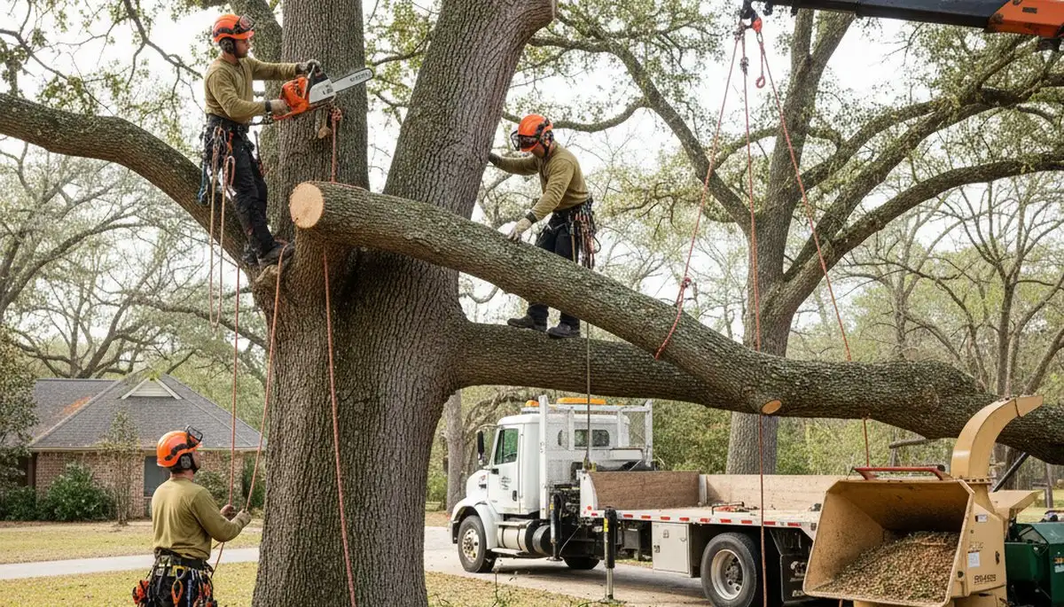 Tree removal crew in Easton, PA safely cutting a hazardous tree on a residential property